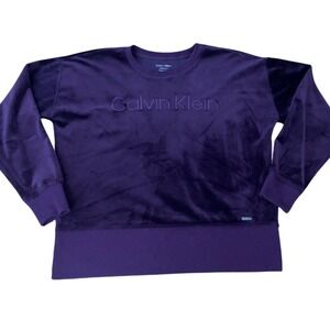 Calvin Klein Womens Velour‎ Sweatshirt Purple Embroidered Logo XS Crewneck Relax